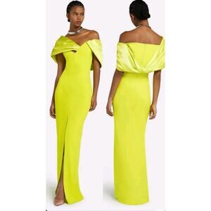 NWT $2230 Safiyaa Abra crêpe and satin gowncape-effect Sz S neon Green Cocktail